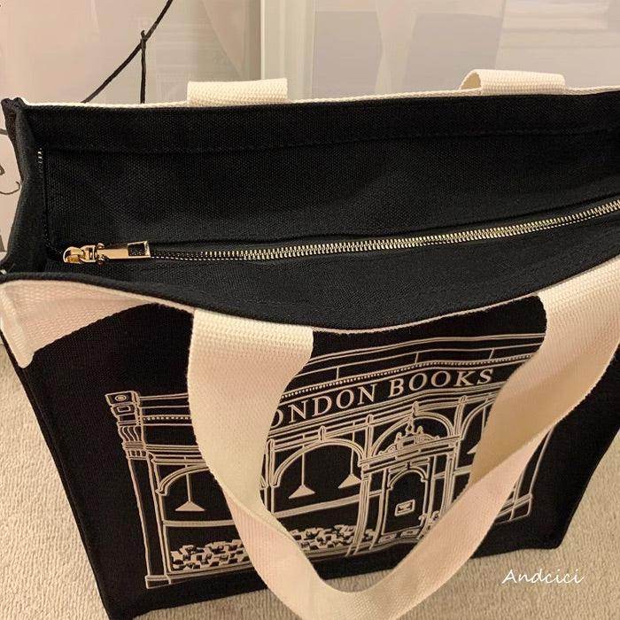 London Books Marylebone Book Store Black Tote Bag with Zip - Casualruby