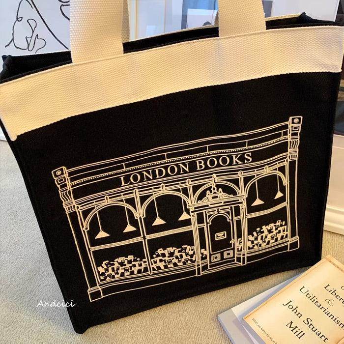 London Books Marylebone Book Store Black Tote Bag with Zip - Casualruby